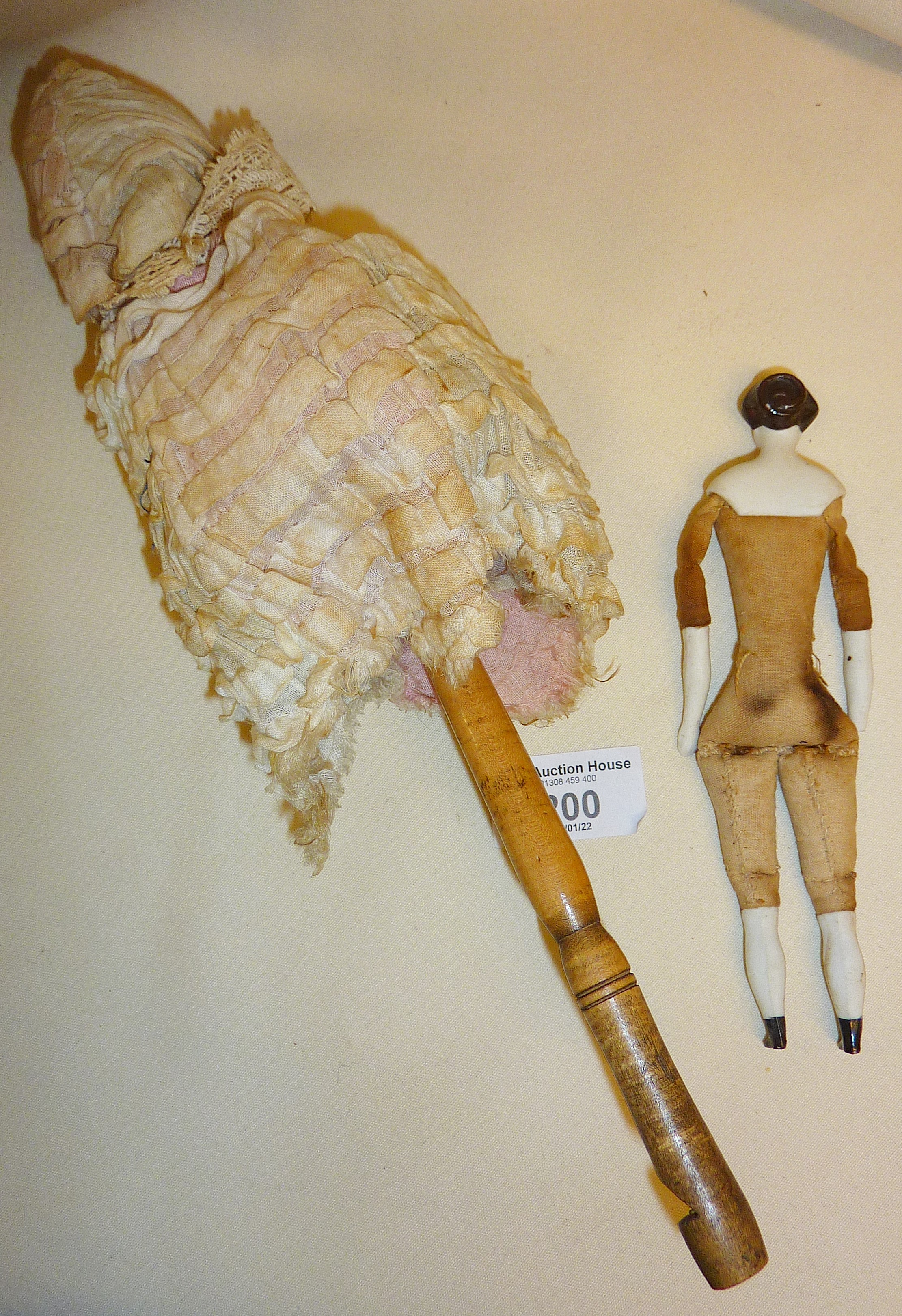 Antique Party Marotte twirling musical doll with bisque head, glass eyes and whistle tip handle, - Image 4 of 6