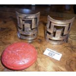 Chinese red lacquer box and pair of gilt wristbands