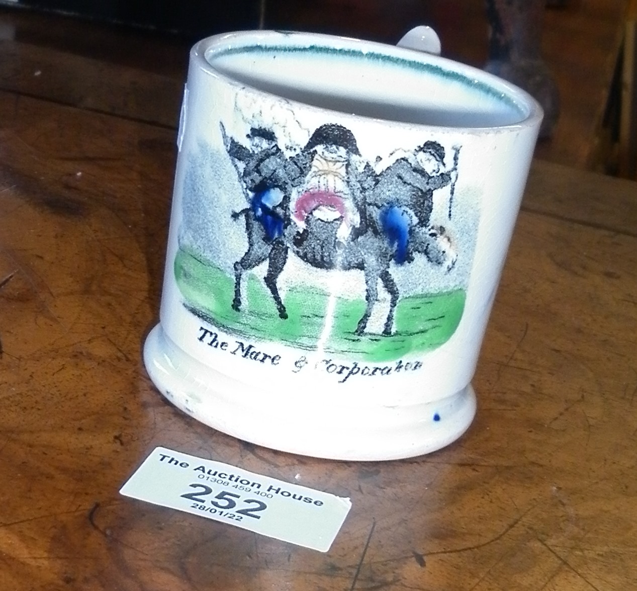 19th c. Staffordshire transfer printed mug with picture of "The Mare and Corporation"