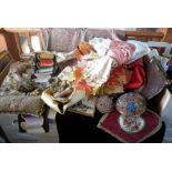 Large collection of assorted fabrics, beadwork pin cushions and shawls, etc.