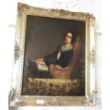 19th c. oil on panel, a portrait of a seated lady with book in gilt frame, 24" x 20", unsigned
