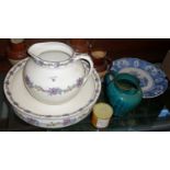 Jug and basin (for Harrods) blue and white transfer platter (bee keeper pattern) and four jugs (A/