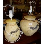 Two Greek-style earthenware table lamp bases and shades