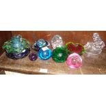 Six various glass paperweights, glass ashtray and other items