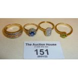 Three 9ct and one 10k gold rings set with various stones, combined weight approx. 10g.