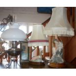 Brass oil lamp and two resin figural table lamps