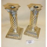 Pair of antique sterling silver classical columnar candlesticks, hallmarked for London 1890,