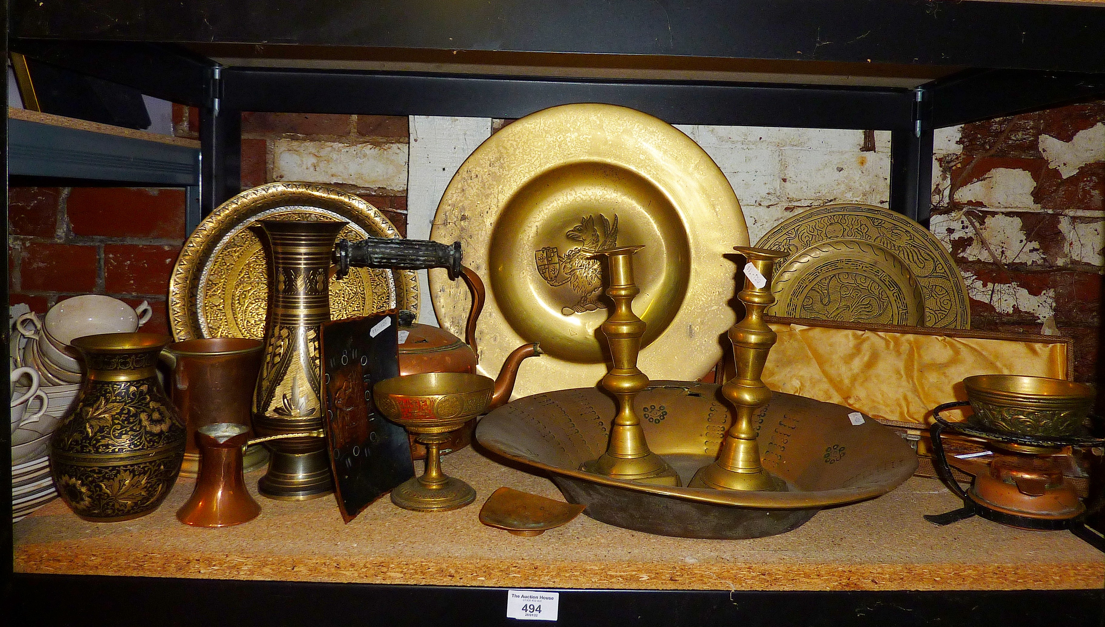 Large brass chargers, pair Victorian brass candlesticks and other metalware