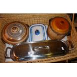Fish kettle and three casseroles in a canework suitcase