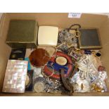 Antique and vintage costume jewellery, lorgnettes, boxes, coins, etc.