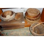 Pine box, turned wood fruit bowls and several woven baskets