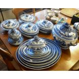 Large Chinese 18th c. blue and white landscape part dinner service with 7 lidded tureens and 9