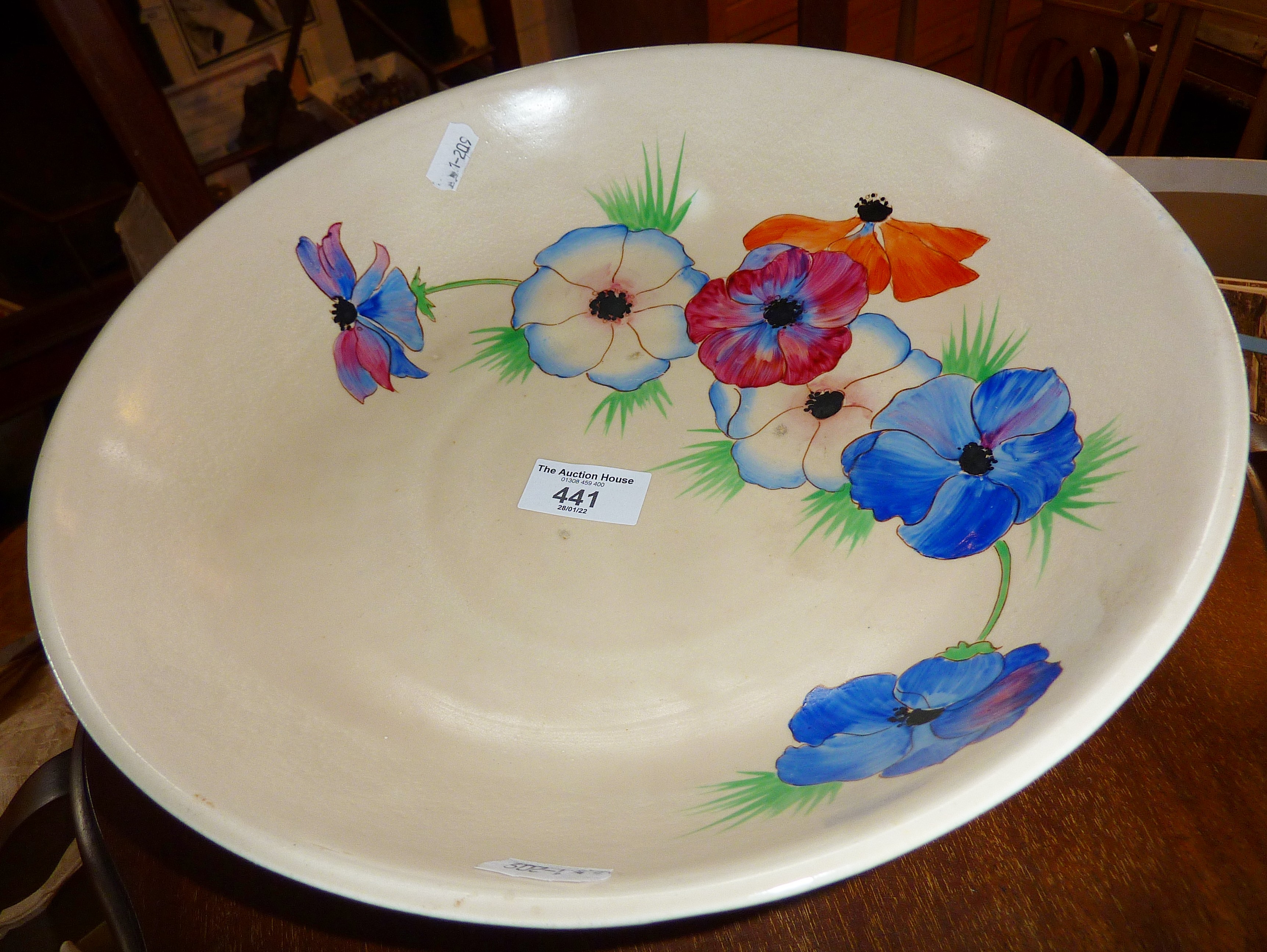 Clarice Cliff Art Deco Wilkinson Ltd. bowl decorated with flowers, approx. 30cm diameter