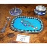 Small Japanese Cloisonné tray, an enamel and glass salt, and a Cloisonné visiting card stand