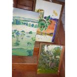 Stylised abstract landscape in oils of fields and parkland by Frances Crichton Stuart, dated 1980
