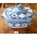 19th c. blue and white transfer printed tureen, stand and cover by John Rogers & Son with lions head