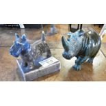 Carved stone rhino and an Art Deco terrier A/F