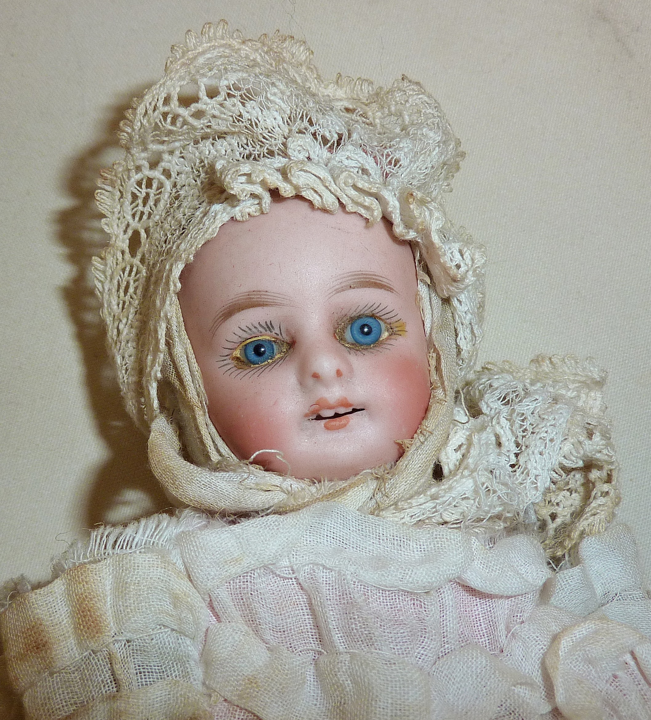 Antique Party Marotte twirling musical doll with bisque head, glass eyes and whistle tip handle, - Image 6 of 6