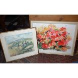 Colour print of abstract flowers by Liz Spooner and a watercolour landscape of Tuscany by