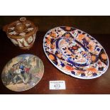 Victorian drabware desk pen and ink stand, pot lid "The Wolf and the Lamb" and an English Imari
