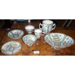 Group of Chinese Canton mugs, cups, saucers and a dish