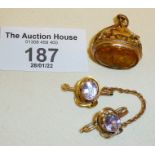Antique fob seal with citrine stone, and gold double brooch (one brooch missing pin)