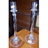 Tall pair of Edwardian twisted clear glass candlesticks, 15" high