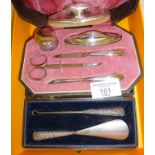 1920's Sterling silver handled manicure set in case, and another matching silver handled button hook