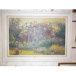 Large oil on canvas of garden border by Douglas Hill, 1953, signed, 31" x 43"