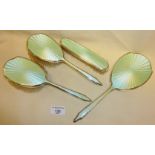 Four piece guilloche enamel over Sterling silver vanity brush and mirror set. Hallmarked for