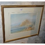 Watercolour of a beach scene with fishing boat and net menders, titled verso "off the Italian