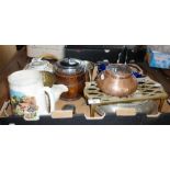 Assorted items inc. biscuit barrel, polished Middle Eastern copper vessels, entree dish, brass