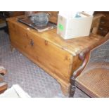 Large 19th c. stripped pine blanket box on bracket feet, 56" long