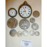 Sterling silver pocket watches for repair or scrap, silver and other coins, 1892 crown, etc.