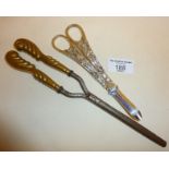 Silver plated grape scissors or shears and some antique curling tongs