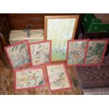 Set of six Japanese colour prints of chess playing figures and birds etc., and contemporary painting