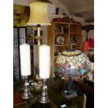 Tiffany style table lamp, pair candlesticks with candles and another table lamp