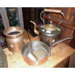 Victorian large copper and brass kettle, 19th c. copper frying pan and two other items