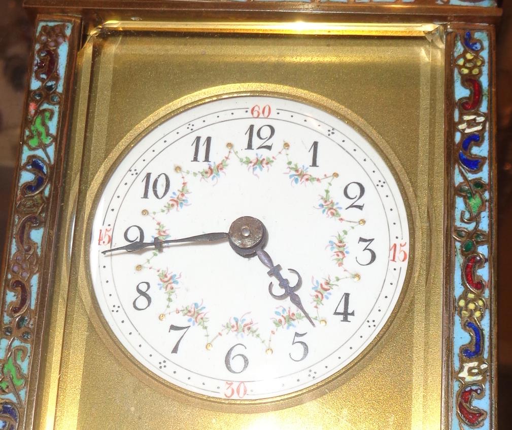 Victorian brass & champleve enamel carriage clock with enamel dial, 8-day French movement, needs - Image 7 of 7