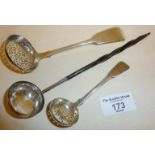 Sterling silver toddy ladle with twisted horn handle, Chawner & Co?, together with two hallmarked