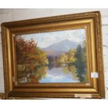 Small oil on canvas of a lake with trees, unsigned, 14" x 18" gilt frame size