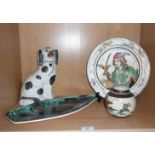 Poole Pottery Delphis shaped dish, a Staffordshire dog, ginger jar and Royal Doulton plate "The