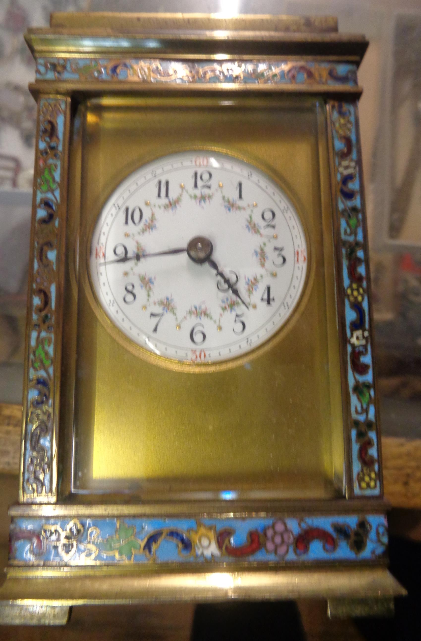 Victorian brass & champleve enamel carriage clock with enamel dial, 8-day French movement, needs - Image 6 of 7