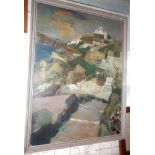 Large oil on canvas landscape of Santorini town by Myrta Fisher (1917-1999) British artist, 4ft a