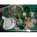 Crate of glassware, toleware, chintz Victorian jug, etc.