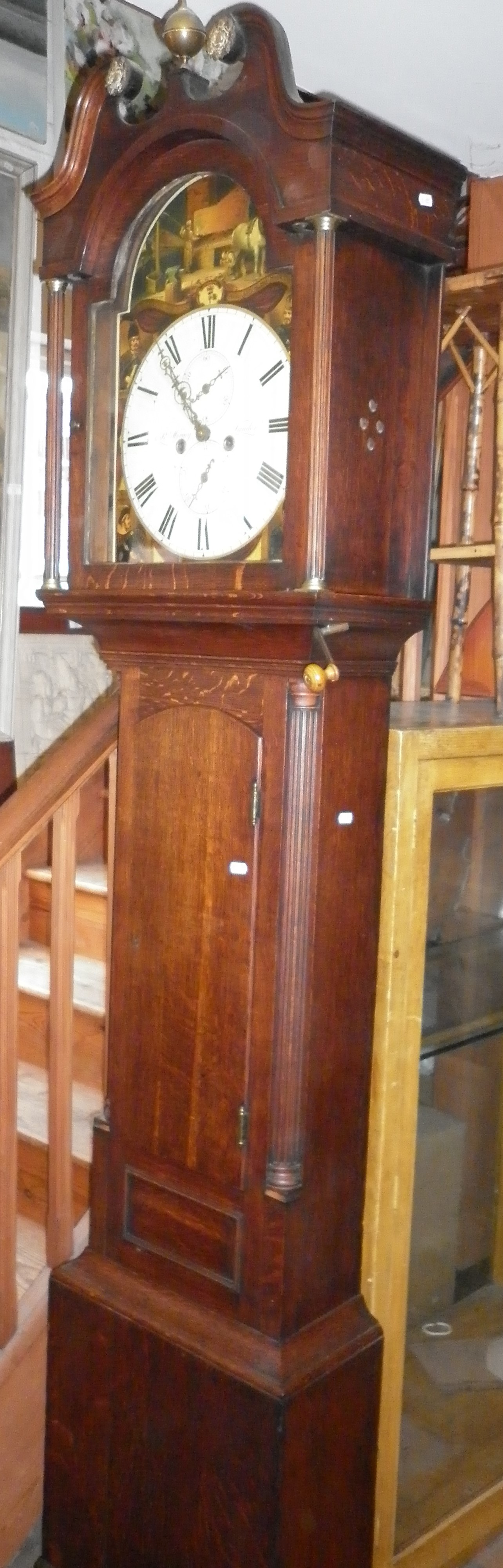 19th c. oak 8-day long case clock by R. Murray of Lauder, Scotland, the arch topped dial with