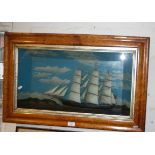 19th c. diorama painted wood picture of three-masted sailing ship in bold maple frame, 20" x 31"