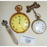 935 silver pocket watch finely engraved and enamelled on Sterling bow brooch. Together with a pocket