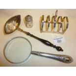 Hallmarked Sterling silver strainer with wooden handle, Art Deco style Sterling toast rack, etc.