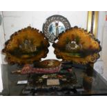 Pair Victorian lacquered papier mache bookends, a similar inkstand, bellows and a shells framed